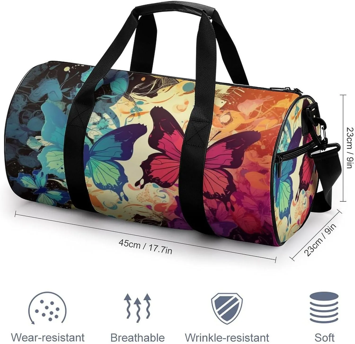 Colorful Butterfly Pattern Gym Bag Small Travel Duffle Bag with Compartment Carry On Weekender Bag for Women Men