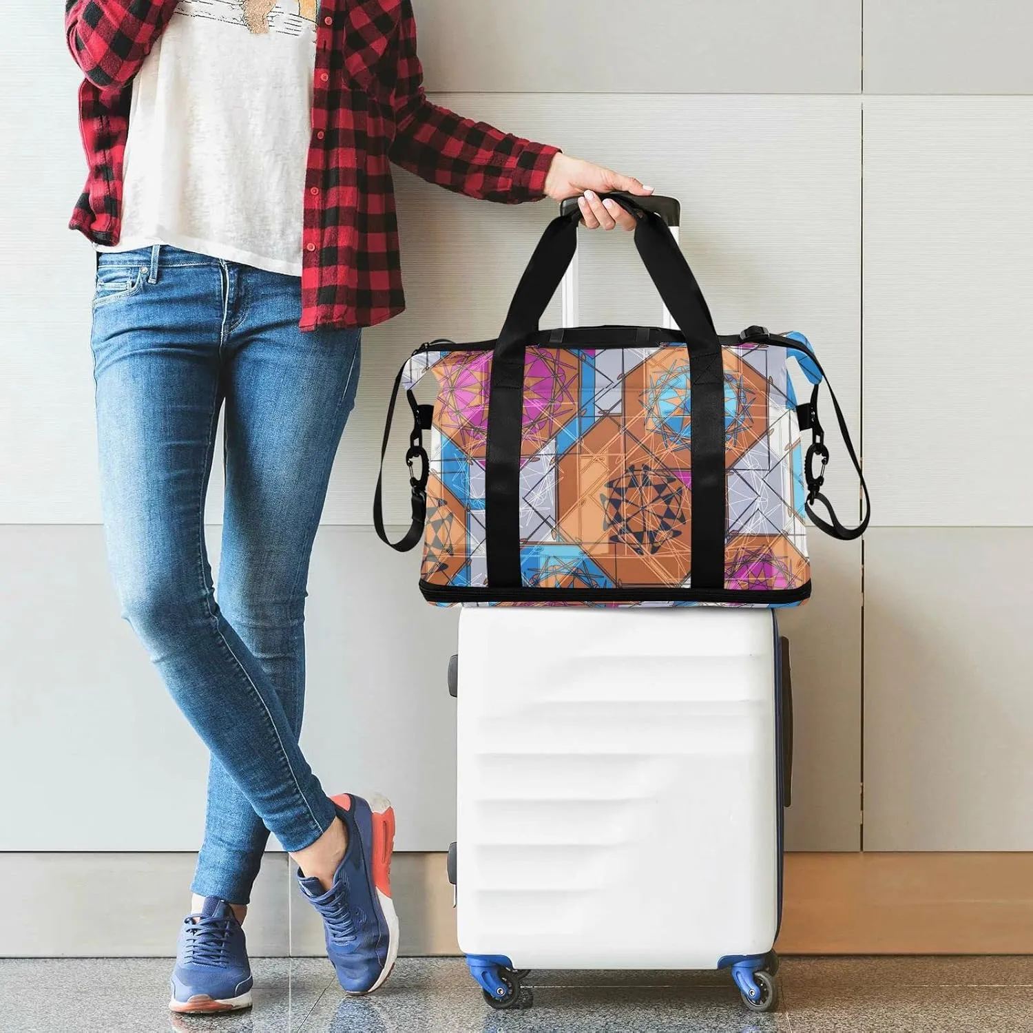 Colorful Floral and Geometric Modern Abstract Design Foldable Travel Bag, Camping Luggage bag, Portable Gym Bag, Sports Bag, Toiletry Bag with Handles Adjustable Shoulder Strap