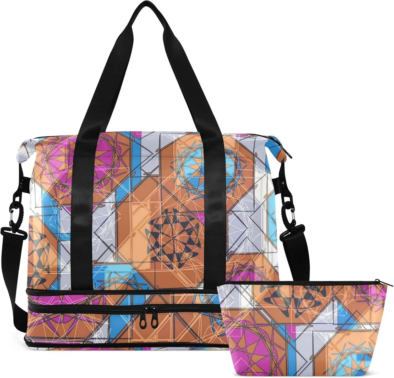 Colorful Floral and Geometric Modern Abstract Design Foldable Travel Bag, Camping Luggage bag, Portable Gym Bag, Sports Bag, Toiletry Bag with Handles Adjustable Shoulder Strap
