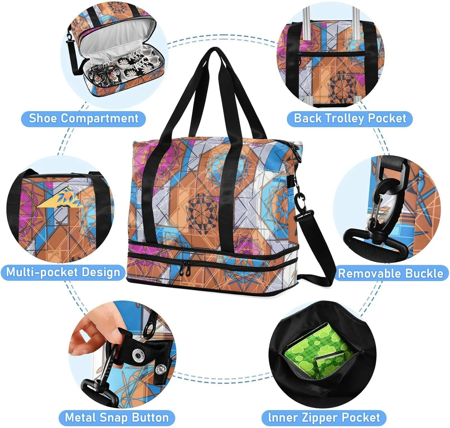 Colorful Floral and Geometric Modern Abstract Design Foldable Travel Bag, Camping Luggage bag, Portable Gym Bag, Sports Bag, Toiletry Bag with Handles Adjustable Shoulder Strap