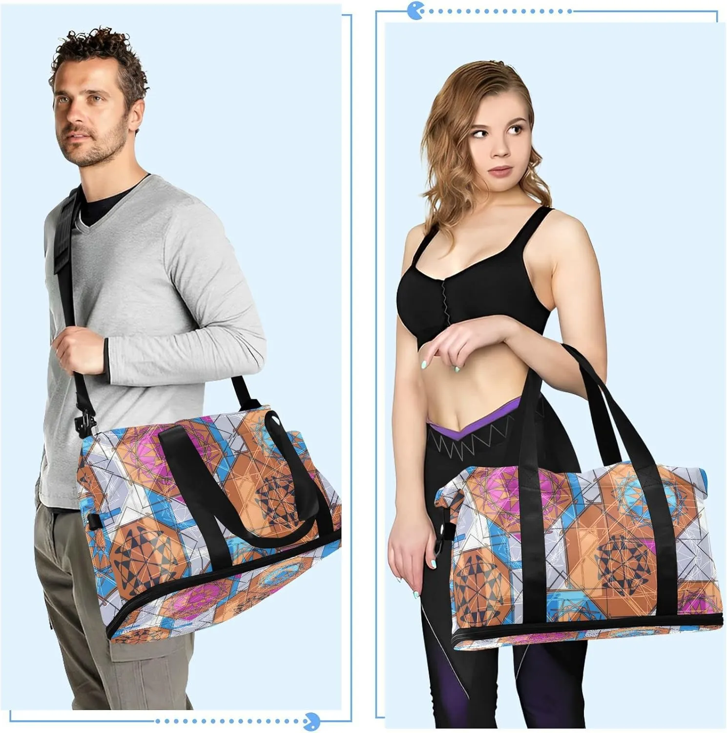Colorful Floral and Geometric Modern Abstract Design Foldable Travel Bag, Camping Luggage bag, Portable Gym Bag, Sports Bag, Toiletry Bag with Handles Adjustable Shoulder Strap