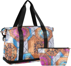 Colorful Floral and Geometric Modern Abstract Design Foldable Travel Bag, Camping Luggage bag, Portable Gym Bag, Sports Bag, Toiletry Bag with Handles Adjustable Shoulder Strap
