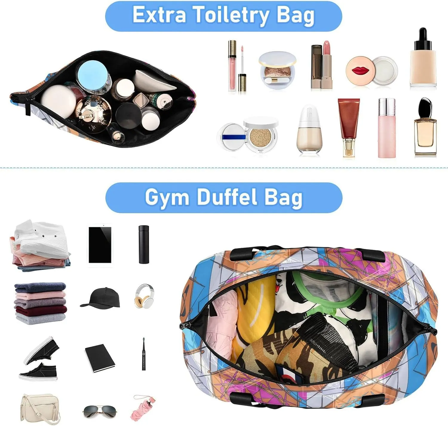 Colorful Floral and Geometric Modern Abstract Design Foldable Travel Bag, Camping Luggage bag, Portable Gym Bag, Sports Bag, Toiletry Bag with Handles Adjustable Shoulder Strap