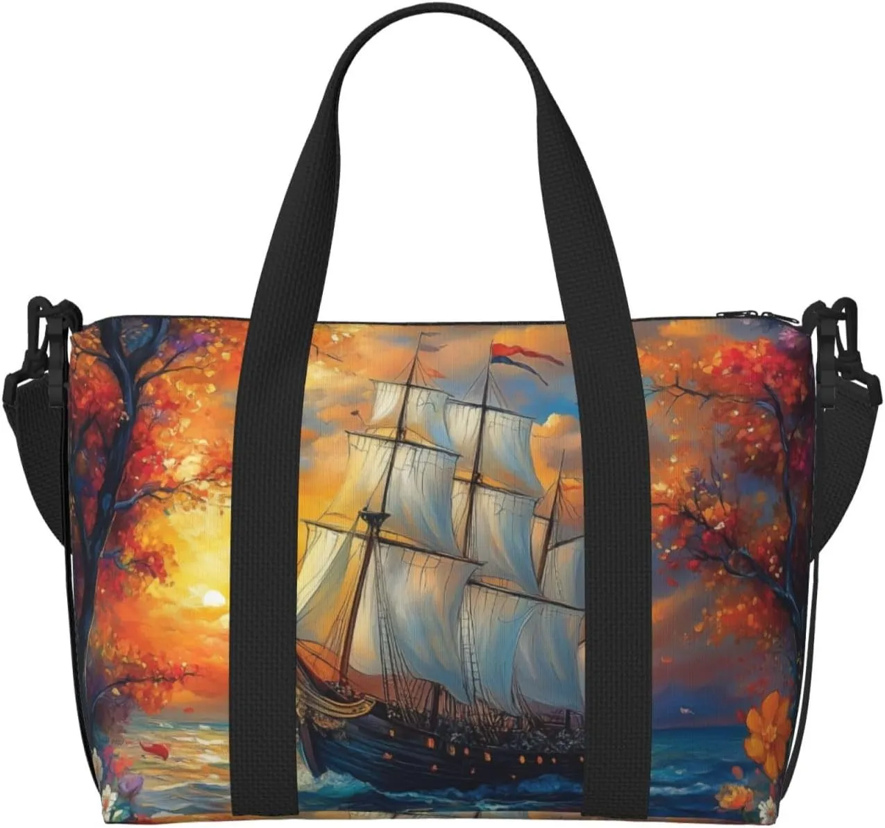 colorful Mayflower ship print Travel Duffel Bag, Sports Tote Gym Bag, Swim Pool Bag Large Shoulder Tote Bag for Beach Weekender