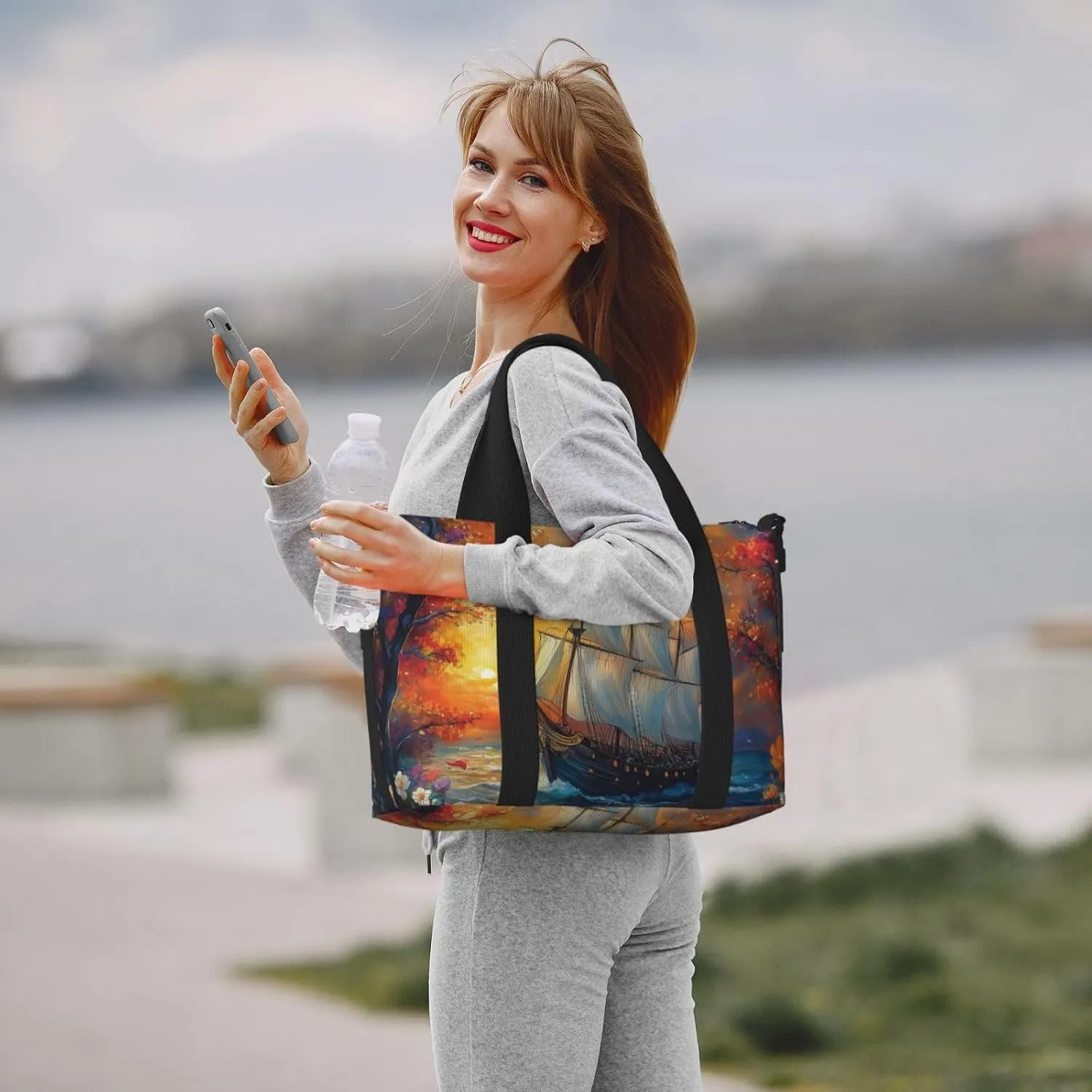 colorful Mayflower ship print Travel Duffel Bag, Sports Tote Gym Bag, Swim Pool Bag Large Shoulder Tote Bag for Beach Weekender