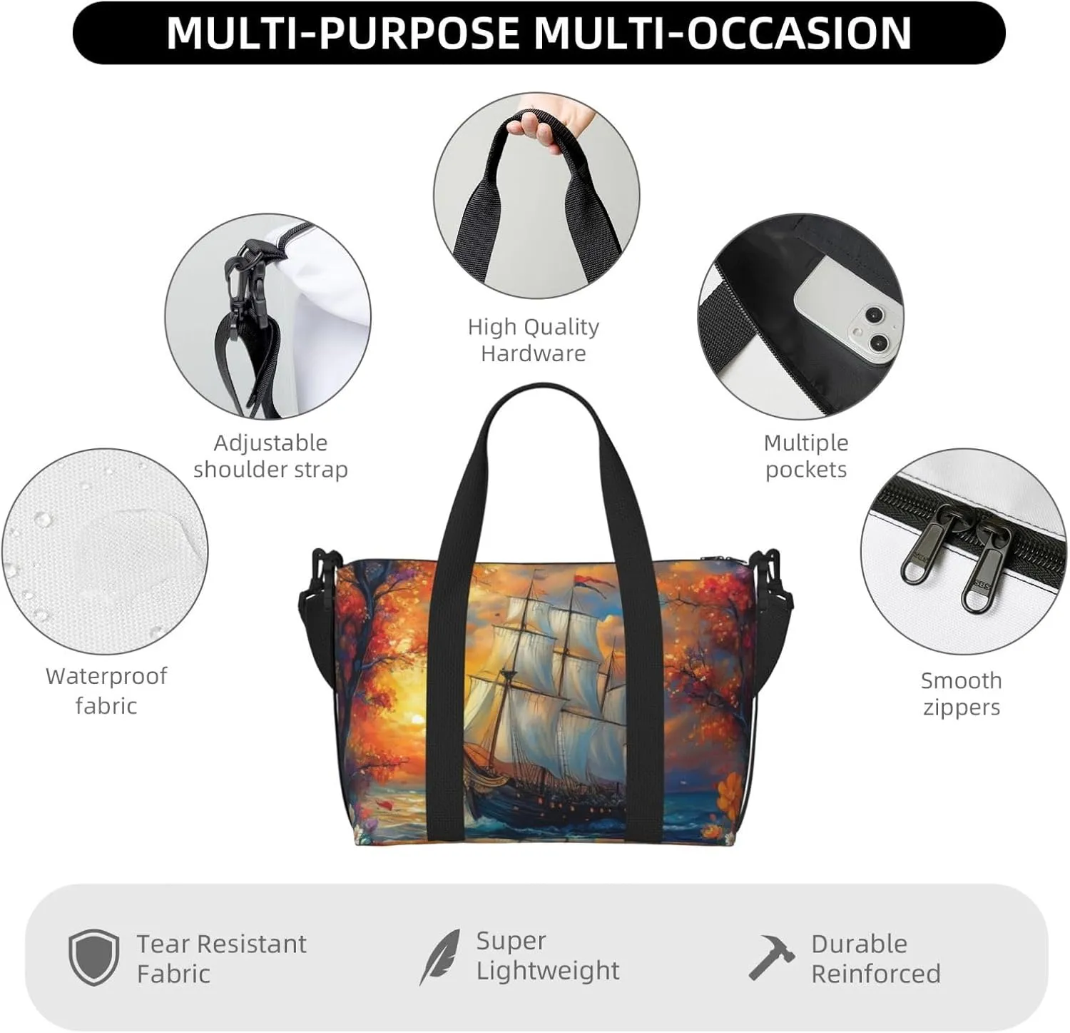colorful Mayflower ship print Travel Duffel Bag, Sports Tote Gym Bag, Swim Pool Bag Large Shoulder Tote Bag for Beach Weekender