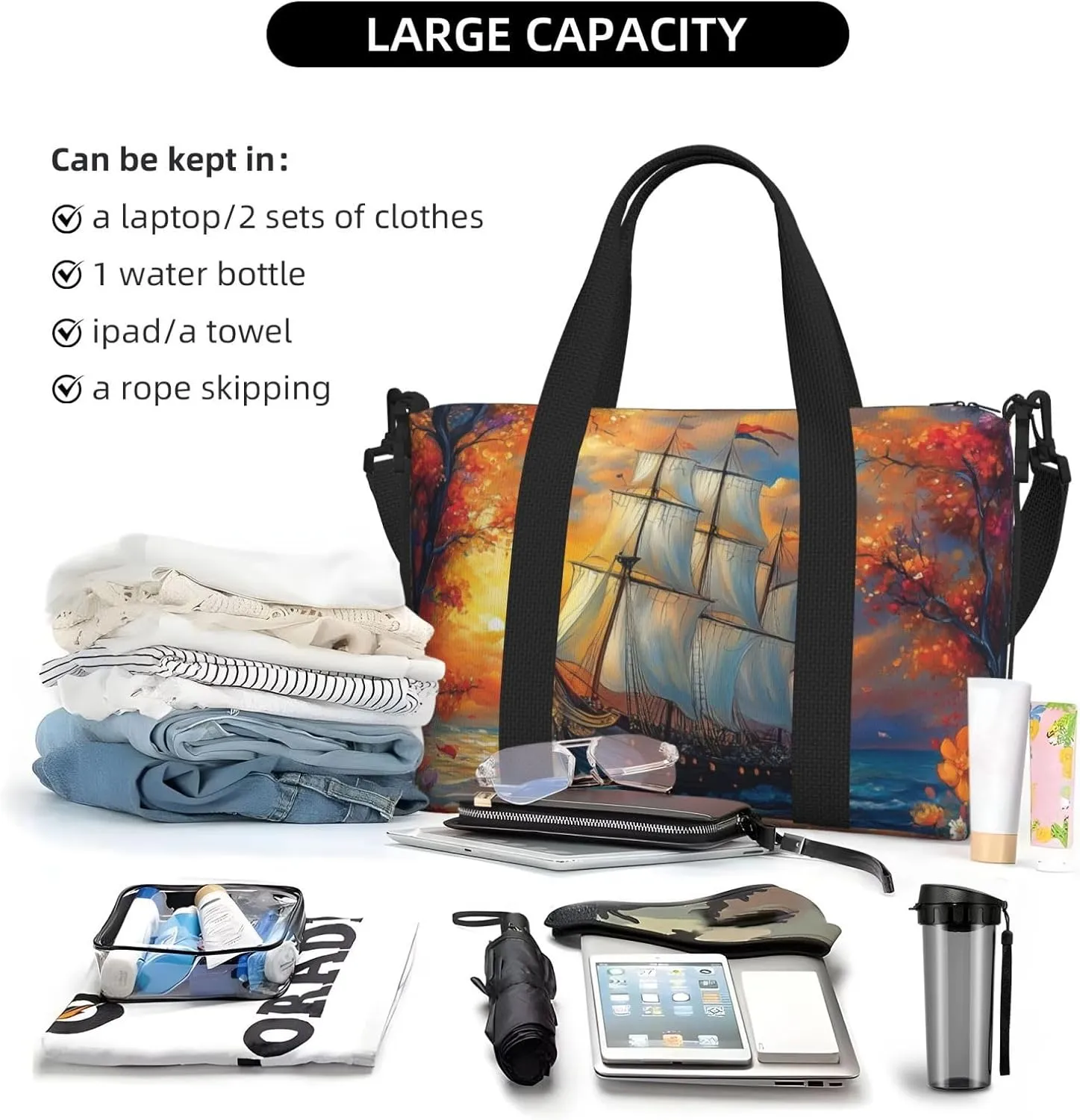 colorful Mayflower ship print Travel Duffel Bag, Sports Tote Gym Bag, Swim Pool Bag Large Shoulder Tote Bag for Beach Weekender