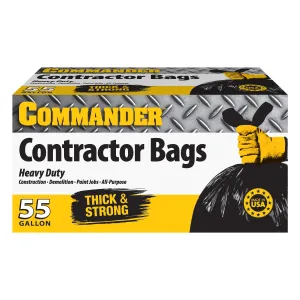 Commander 55 Gallon 3 MIL Heavy Duty Contractor Bags with Flap Ties - 36" x 52" - Pack of 10 - For Contractor, Industrial, & Outdoor