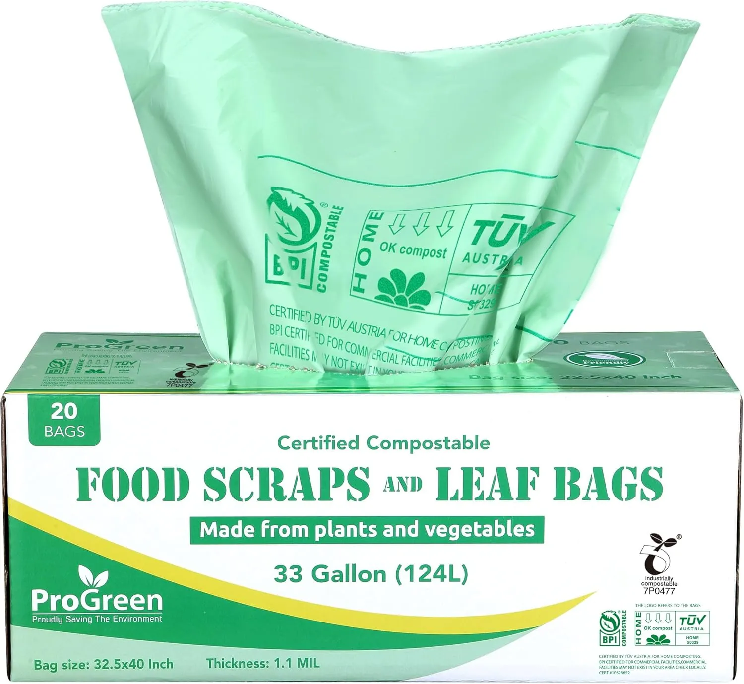 Compost Bags 33 Gallon Compostable Trash Bags, Extra Thick 1.1 Mil, Compost Kitchen Bin Bags, Food Scraps Yard Waste Bags, ASTM D6400 BPI & TÜV AUSTRIA Certified