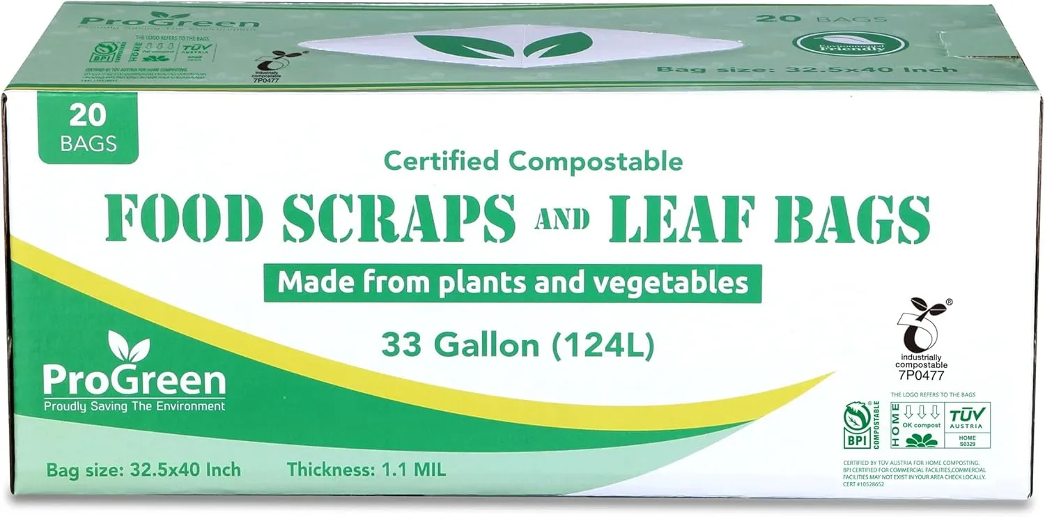Compost Bags 33 Gallon Compostable Trash Bags, Extra Thick 1.1 Mil, Compost Kitchen Bin Bags, Food Scraps Yard Waste Bags, ASTM D6400 BPI & TÜV AUSTRIA Certified