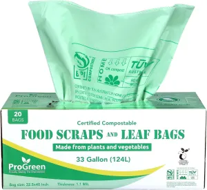 Compost Bags 33 Gallon Compostable Trash Bags, Extra Thick 1.1 Mil, Compost Kitchen Bin Bags, Food Scraps Yard Waste Bags, ASTM D6400 BPI & TÜV AUSTRIA Certified
