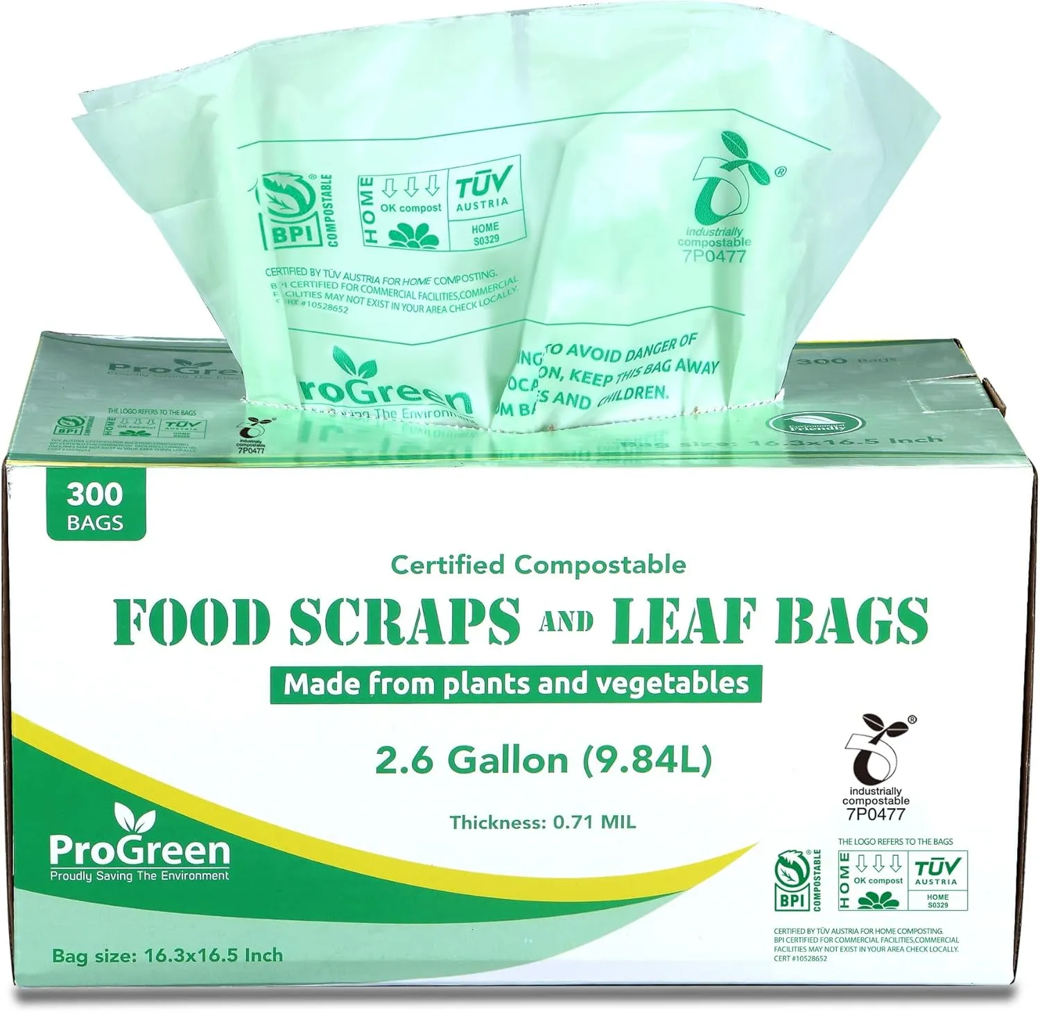 Compostable Bags 2.6 Gallon, 300 Count, Extra Thick 0.71 Mil, Small Compost Kitchen Trash Bags, Food Scraps Yard Waste Bags, Compost ASTM D6400 BPI and TÜV AUSTRIA Certified