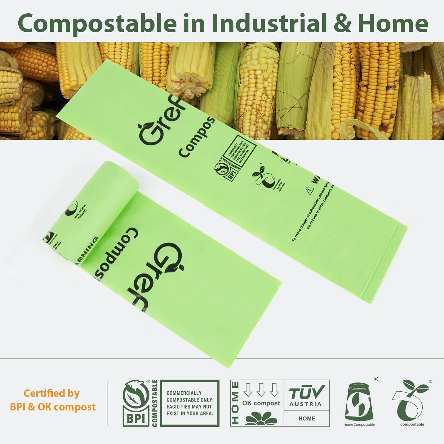 Compostable Bags,Trash bags 13  gallon tall kitchen, Compostable Trash Lawn & Leaf Yard Waste Bags,Kitchen Compost Trash Bin Compatible,Extra Thick1.01 Mills,Certified by BPI and OK Compost(50count)