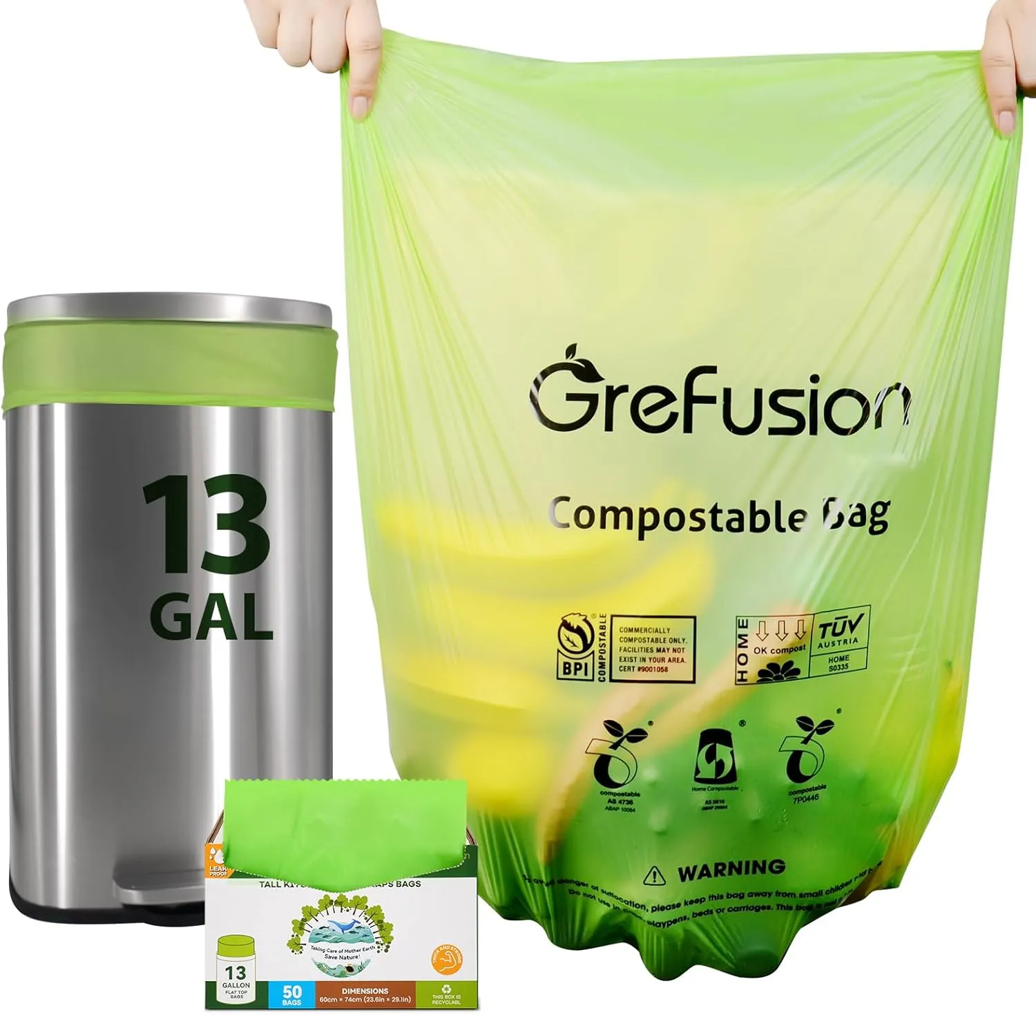 Compostable Bags,Trash bags 13  gallon tall kitchen, Compostable Trash Lawn & Leaf Yard Waste Bags,Kitchen Compost Trash Bin Compatible,Extra Thick1.01 Mills,Certified by BPI and OK Compost(50count)