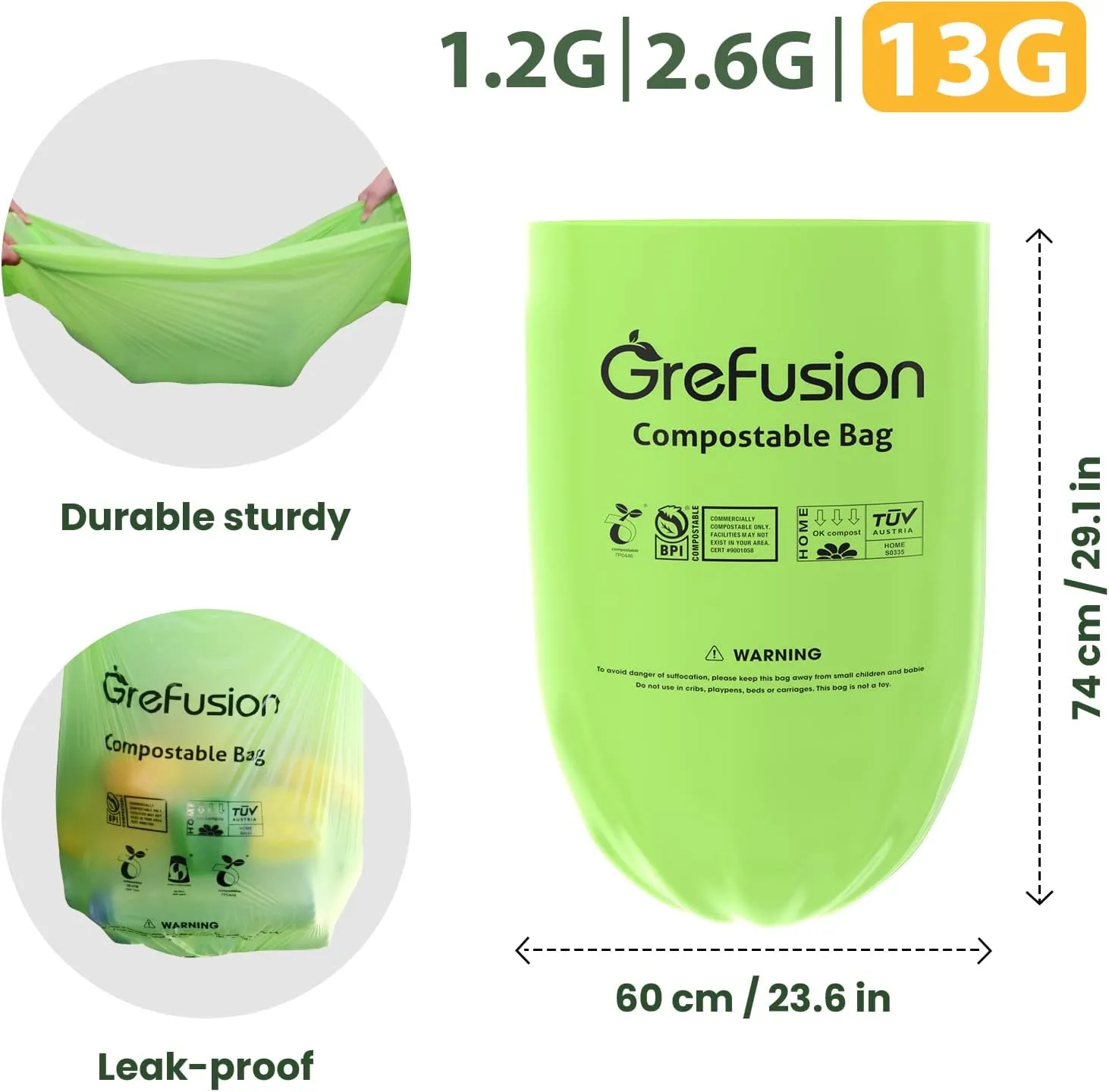 Compostable Bags,Trash bags 13  gallon tall kitchen, Compostable Trash Lawn & Leaf Yard Waste Bags,Kitchen Compost Trash Bin Compatible,Extra Thick1.01 Mills,Certified by BPI and OK Compost