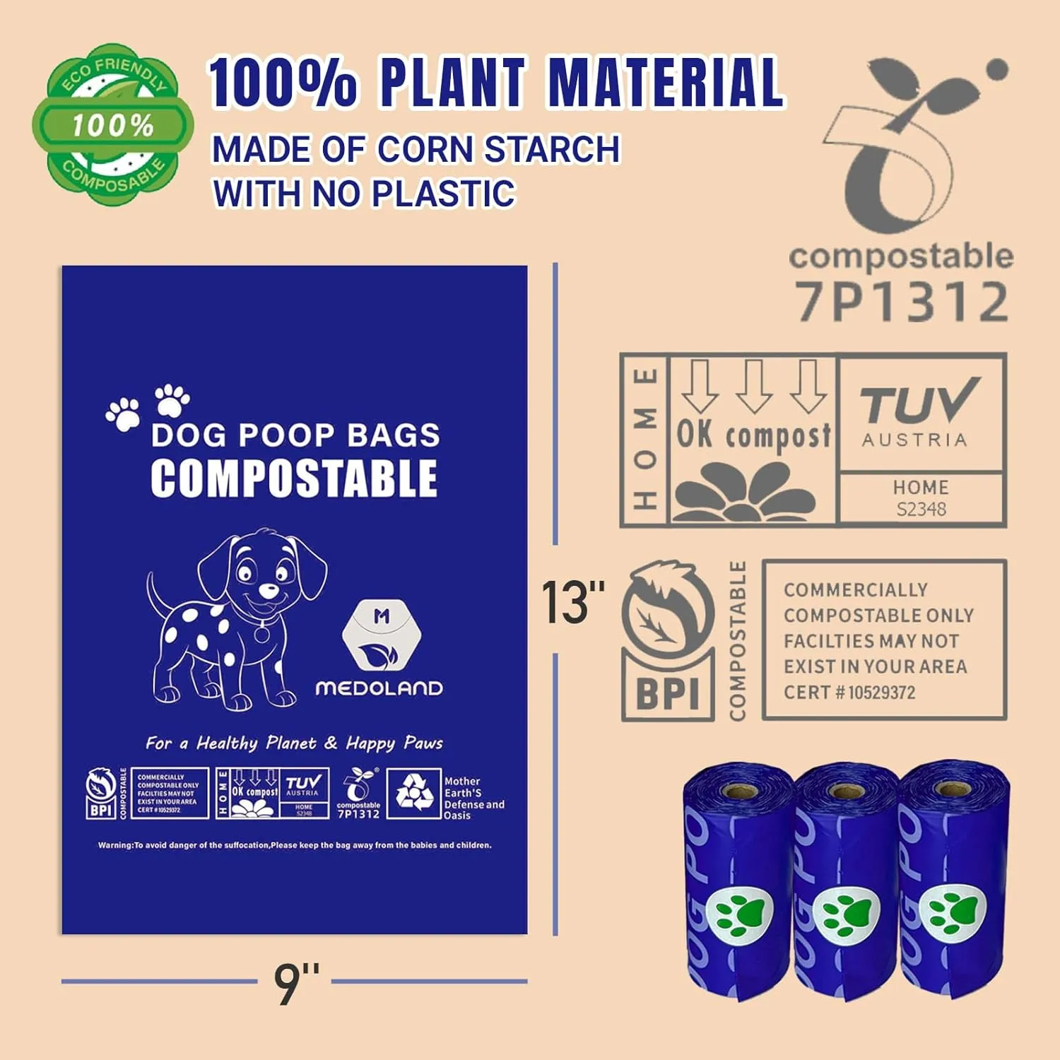 Compostable Dog Poop Bags BPI Certified Biodegradable Pet Waste Bags Leak-Proof Eco Design (16 rolls 240 bags)