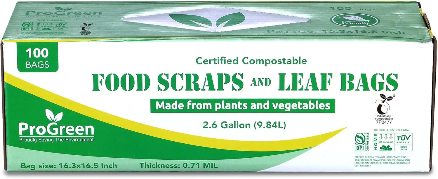Compostable Trash Bags 2.6 Gallon, 100 Count, Extra Thick 0.71 Mil, Small Compost Kitchen Bin Bags, Food Scraps Yard Waste Bags, Compost ASTM D6400 BPI and TÜV AUSTRIA Certified.
