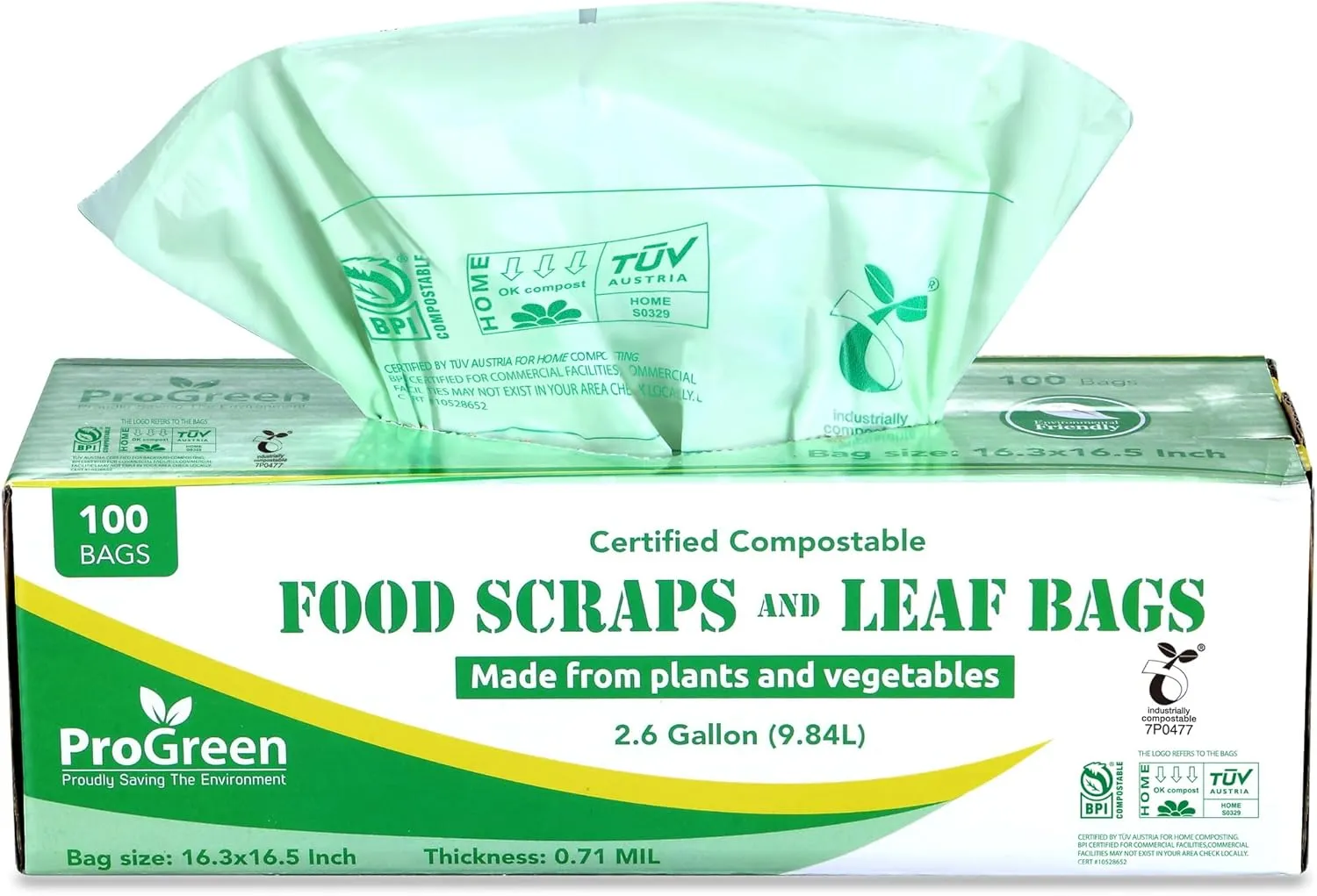 Compostable Trash Bags 2.6 Gallon, 100 Count, Extra Thick 0.71 Mil, Small Compost Kitchen Bin Bags, Food Scraps Yard Waste Bags, Compost ASTM D6400 BPI and TÜV AUSTRIA Certified.