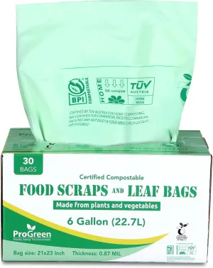 Compostable Trash Bags, Extra Thick, Compost Kitchen Bin Bags, Food Scraps Yard Waste Bags, ASTM D6400 BPI and TÜV AUSTRIA Certified (6 Gallon, Pack of 30)