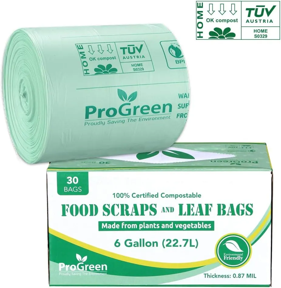 Compostable Trash Bags, Extra Thick, Compost Kitchen Bin Bags, Food Scraps Yard Waste Bags, ASTM D6400 BPI and TÜV AUSTRIA Certified (6 Gallon, Pack of 30)