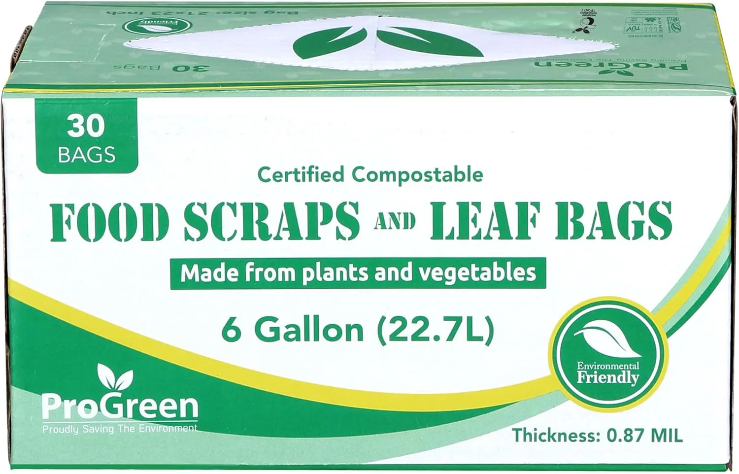 Compostable Trash Bags, Extra Thick, Compost Kitchen Bin Bags, Food Scraps Yard Waste Bags, ASTM D6400 BPI and TÜV AUSTRIA Certified (6 Gallon, Pack of 30)
