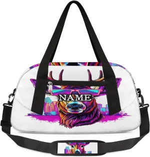 Cool Deer Sunglasses Neon Personalized Kids Duffel Bag Custom Gym Sports Duffle Bag Teen Travel Gymnastic Weekender Overnighter Bag Carry on Toe Bag for Boys & Girls