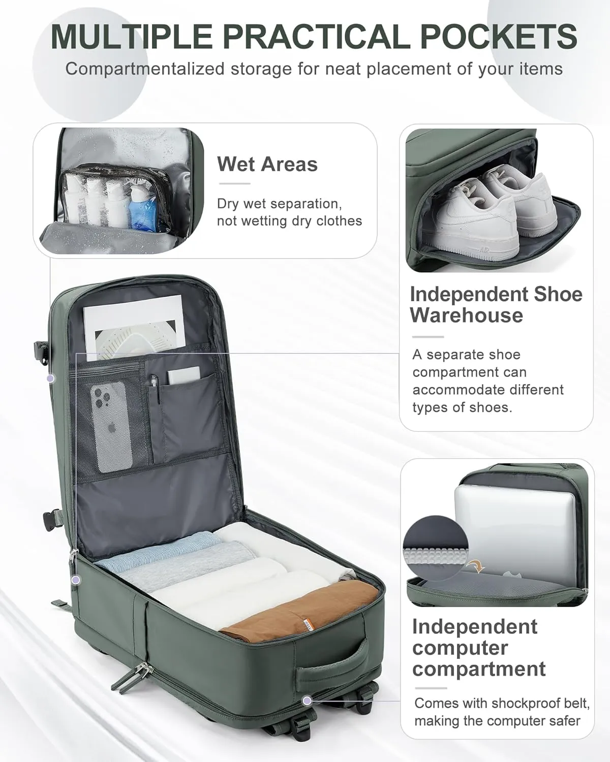 coowoz Large Travel Backpack Carry On for Women Man Waterproof Gym Backpack Mochila de Viaje Teacher Travel Bag Essentials Personal Item Backpack Rucksack Airplane Accessories Must Haves Olive Green