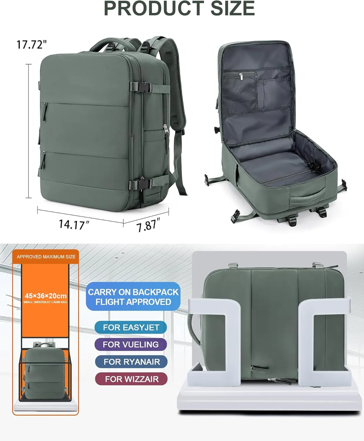 coowoz Large Travel Backpack Carry On for Women Man Waterproof Gym Backpack Mochila de Viaje Teacher Travel Bag Essentials Personal Item Backpack Rucksack Airplane Accessories Must Haves Olive Green