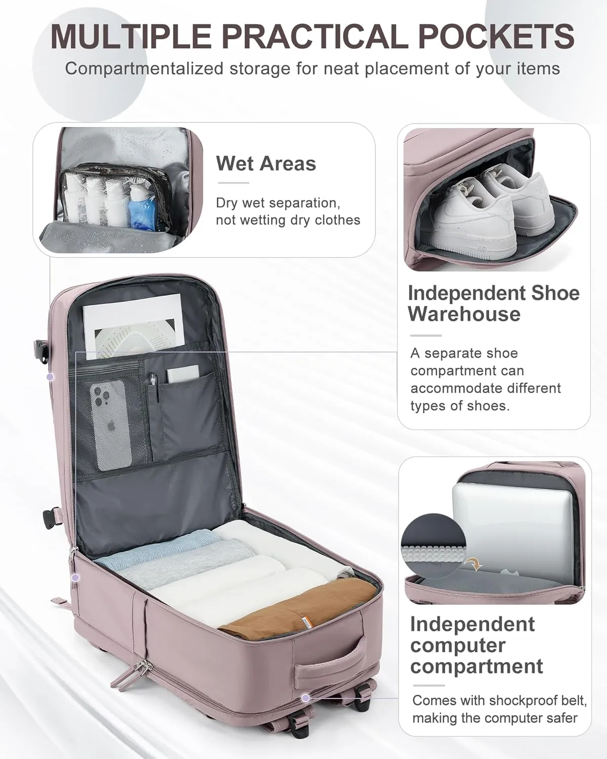 coowoz Large Travel Backpack Carry On for Women Man Waterproof Gym Backpack with Laptop Compartment Mochila de Viaje Teacher Personal Item Backpack Rucksack Airplane Accessories Must Haves Lotus Pink