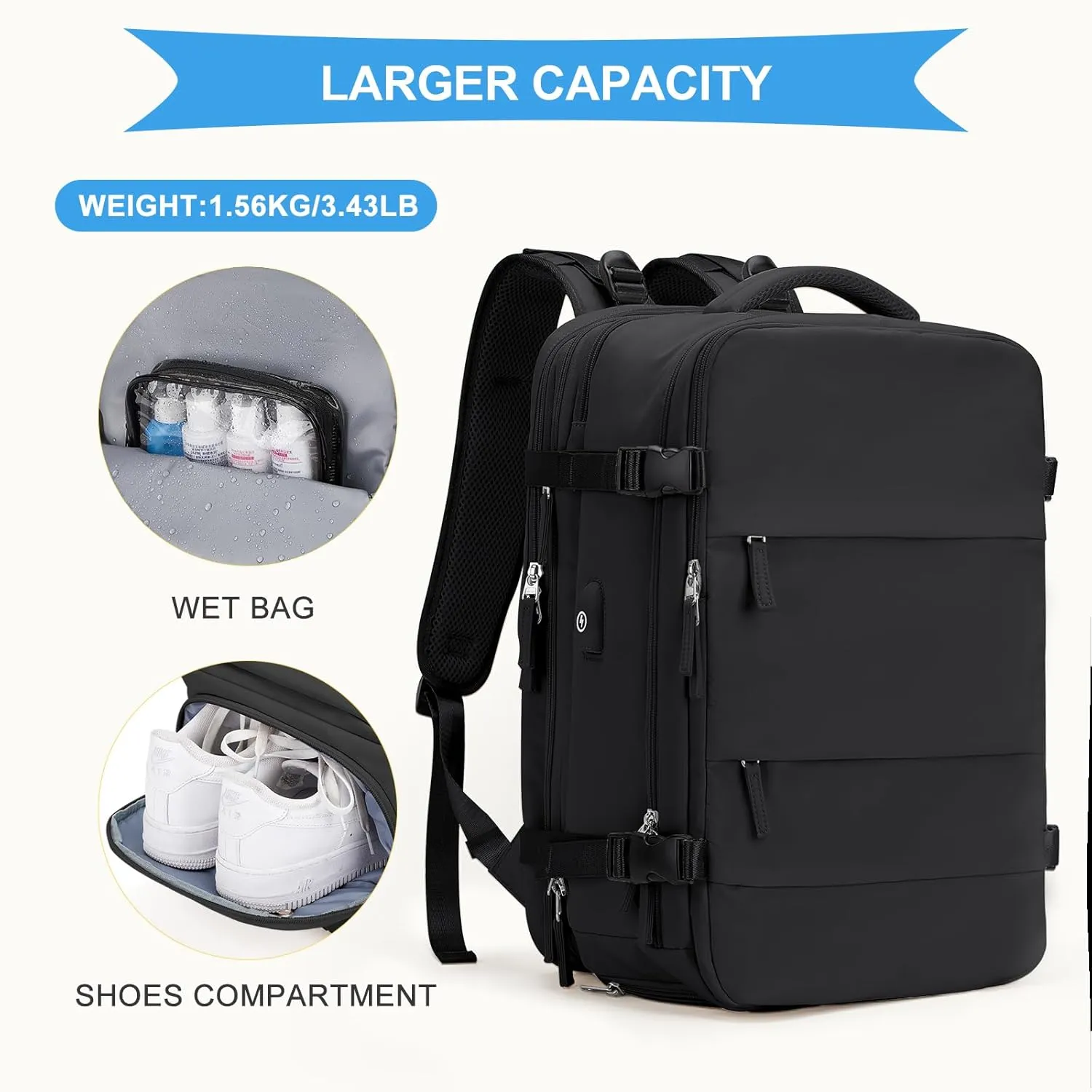 coowoz Large Travel Backpack For Women Men, Carry On Backpack,Hiking Backpack Waterproof Outdoor Sports Rucksack Casual Daypack Expandable Heavy Duty Extra large Backpack Black Expansion