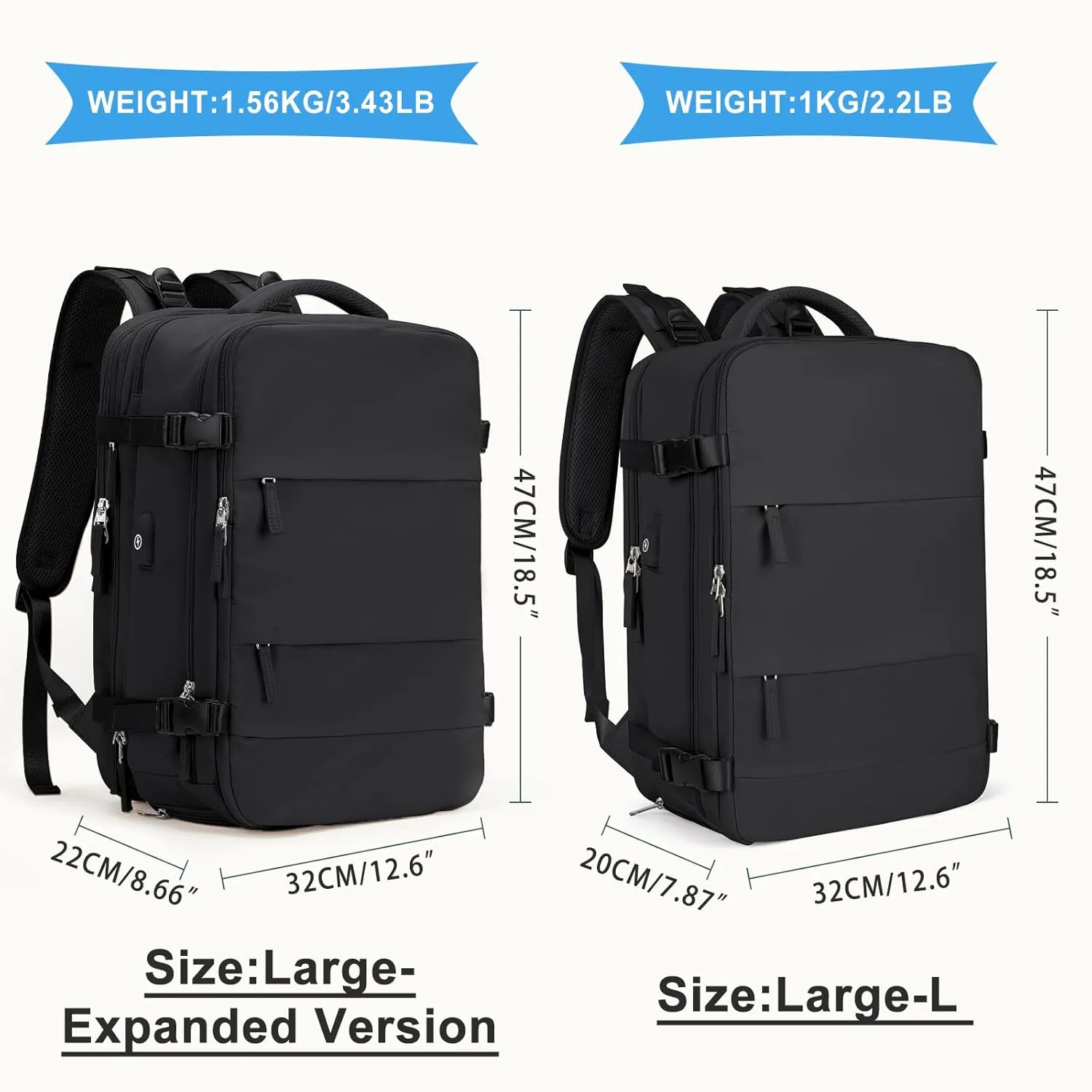coowoz Large Travel Backpack For Women Men, Carry On Backpack,Hiking Backpack Waterproof Outdoor Sports Rucksack Casual Daypack Expandable Heavy Duty Extra large Backpack Black Expansion