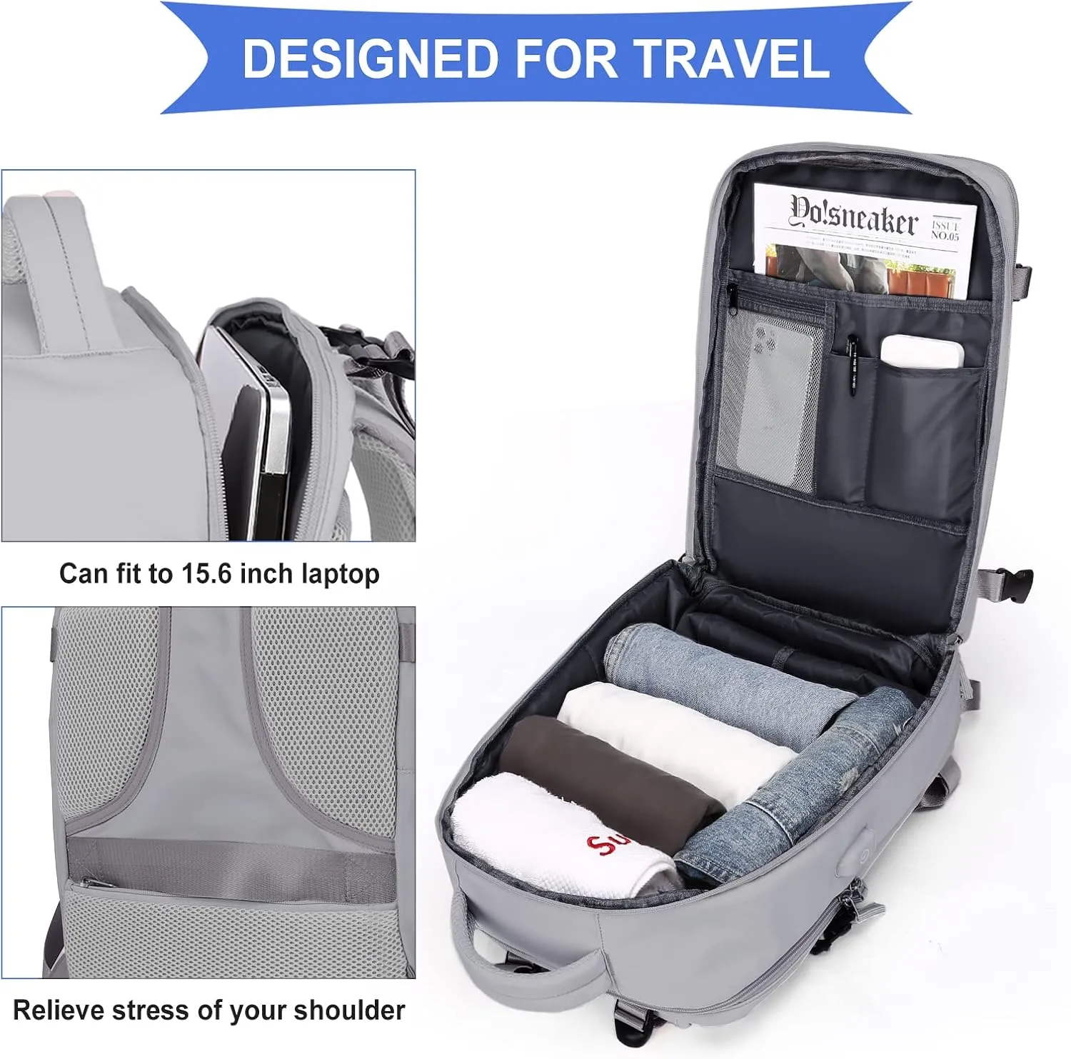 Coowoz Large Travel Backpack For Women Men, Flight Approved, Waterproof Outdoor Sports Rucksack, Casual Daypack, Fit 15.6 Inch Laptop Shoes, Grey