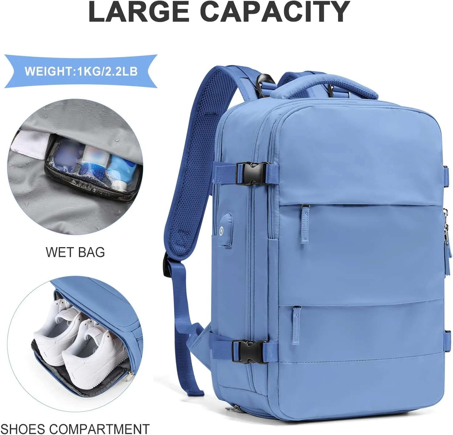 coowoz Large Travel Backpack For Women Men,Carry On Backpack Flight Approved,Hiking Backpack Outdoor Rucksack Casual Daypack Fit 15.6 Inch Laptop Shoes Compartment (Sky Blue L)