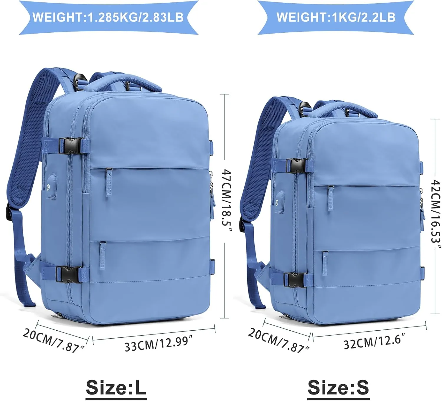 coowoz Large Travel Backpack For Women Men,Carry On Backpack Flight Approved,Hiking Backpack Outdoor Rucksack Casual Daypack Fit 15.6 Inch Laptop Shoes Compartment (Sky Blue L)