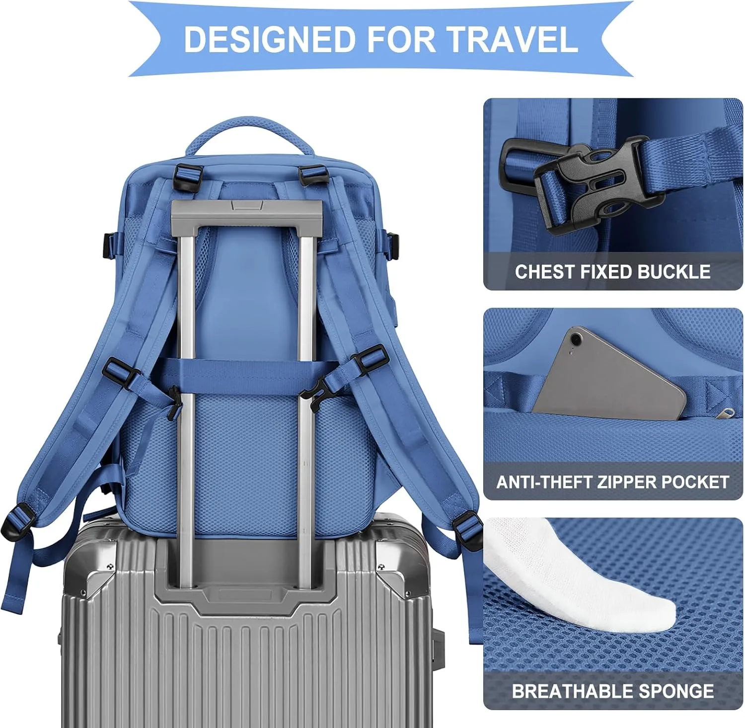 coowoz Large Travel Backpack For Women Men,Carry On Backpack Flight Approved,Hiking Backpack Outdoor Rucksack Casual Daypack Fit 15.6 Inch Laptop Shoes Compartment (Sky Blue L)