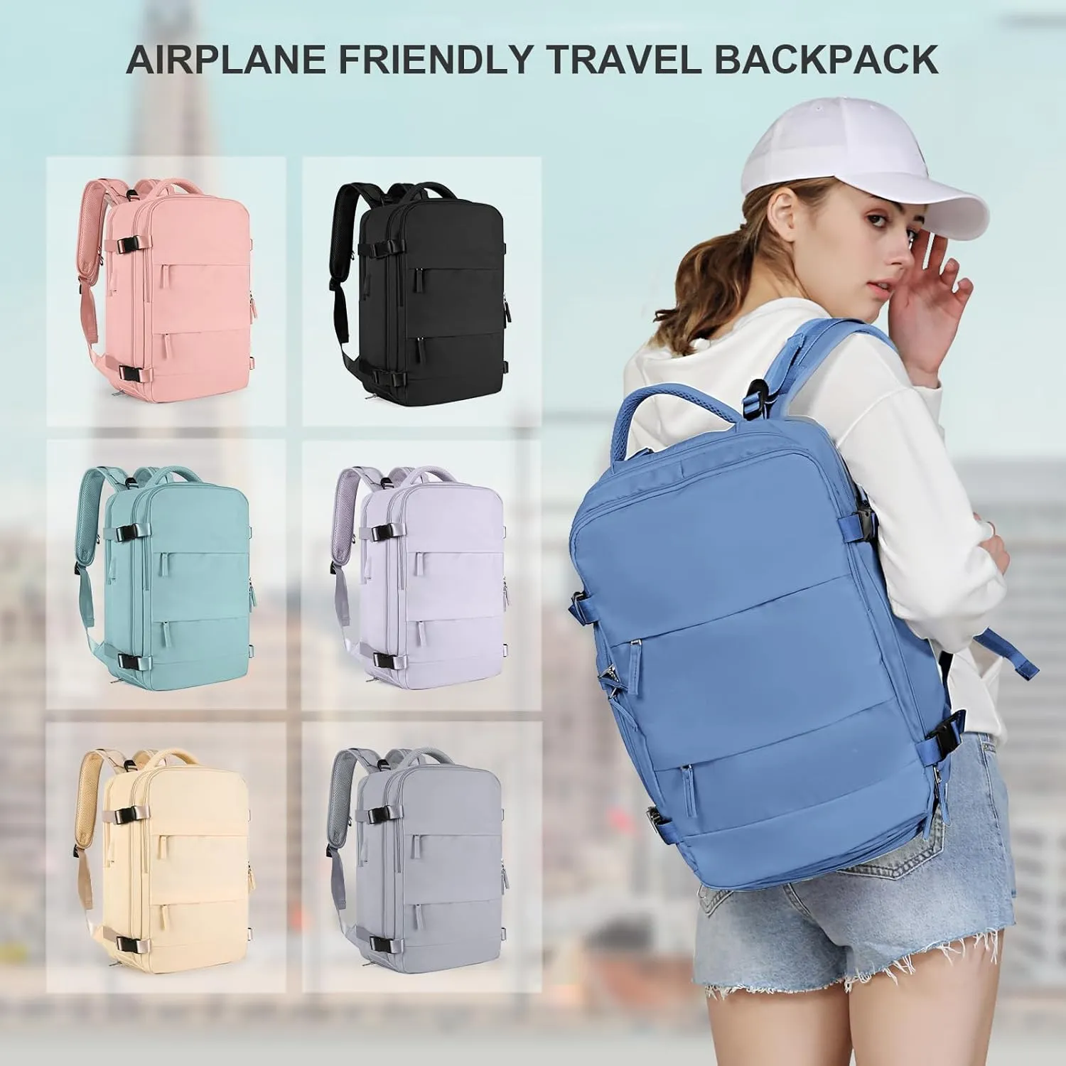 coowoz Large Travel Backpack For Women Men,Carry On Backpack Flight Approved,Hiking Backpack Outdoor Rucksack Casual Daypack Fit 15.6 Inch Laptop Shoes Compartment (Sky Blue L)