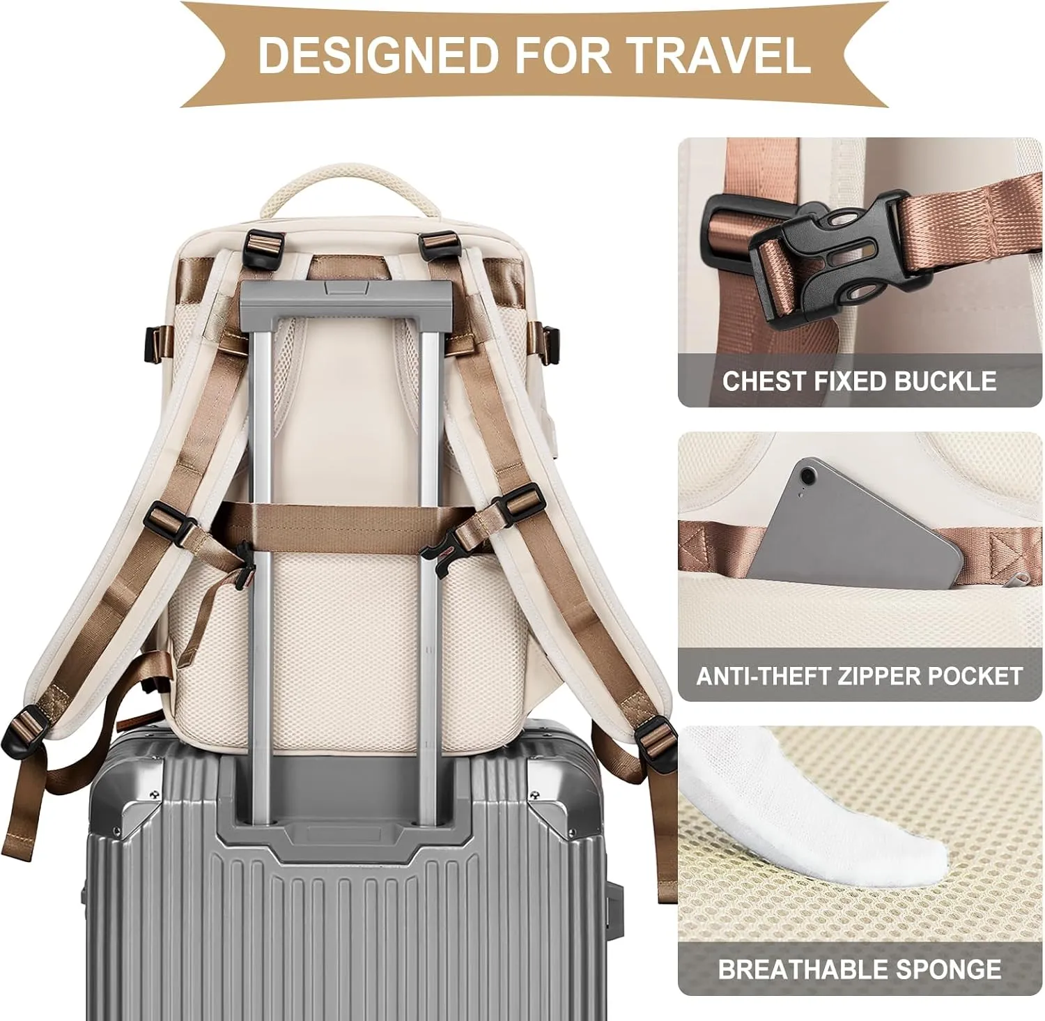 coowoz Large Travel Backpack For Women Men,Carry On Backpack Flight Approved,Hiking Outdoor Rucksack Casual Daypack Travel Bag Essentials Personal Item Backpack (Beige Brown-L)