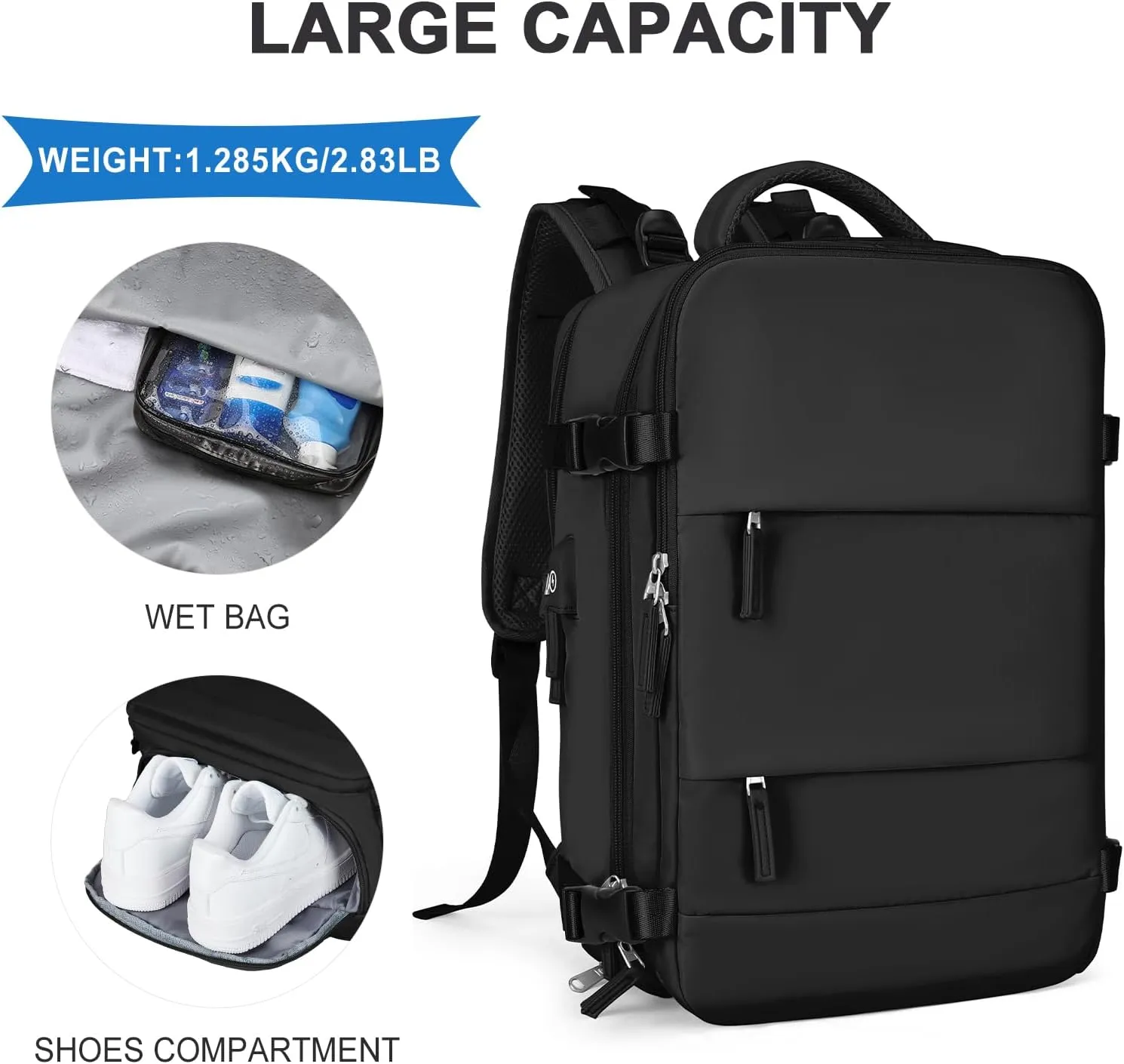 coowoz Large Travel Backpack For Women Men,Carry On Backpack,Hiking Backpack Waterproof Outdoor Sports Rucksack Casual Daypack Travel Essentials（Black）