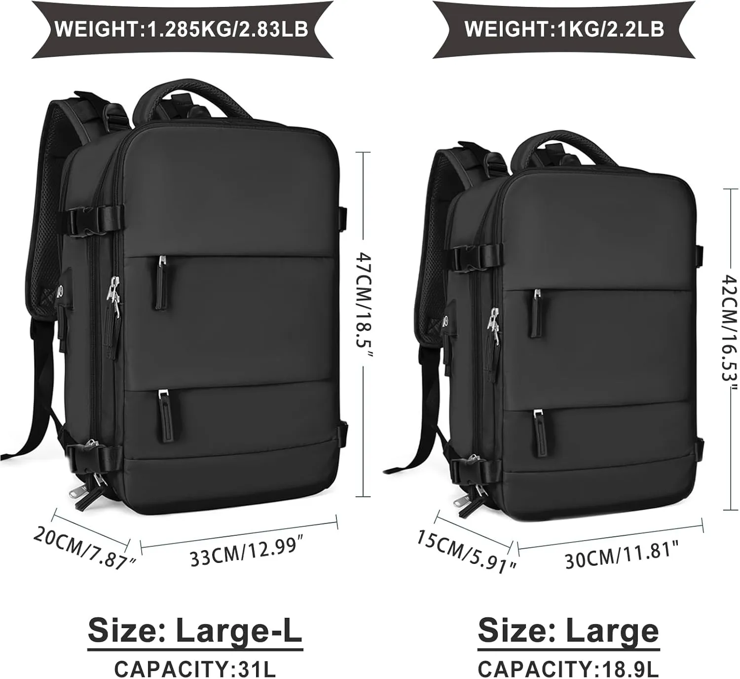 coowoz Large Travel Backpack For Women Men,Carry On Backpack,Hiking Backpack Waterproof Outdoor Sports Rucksack Casual Daypack Travel Essentials（Black）