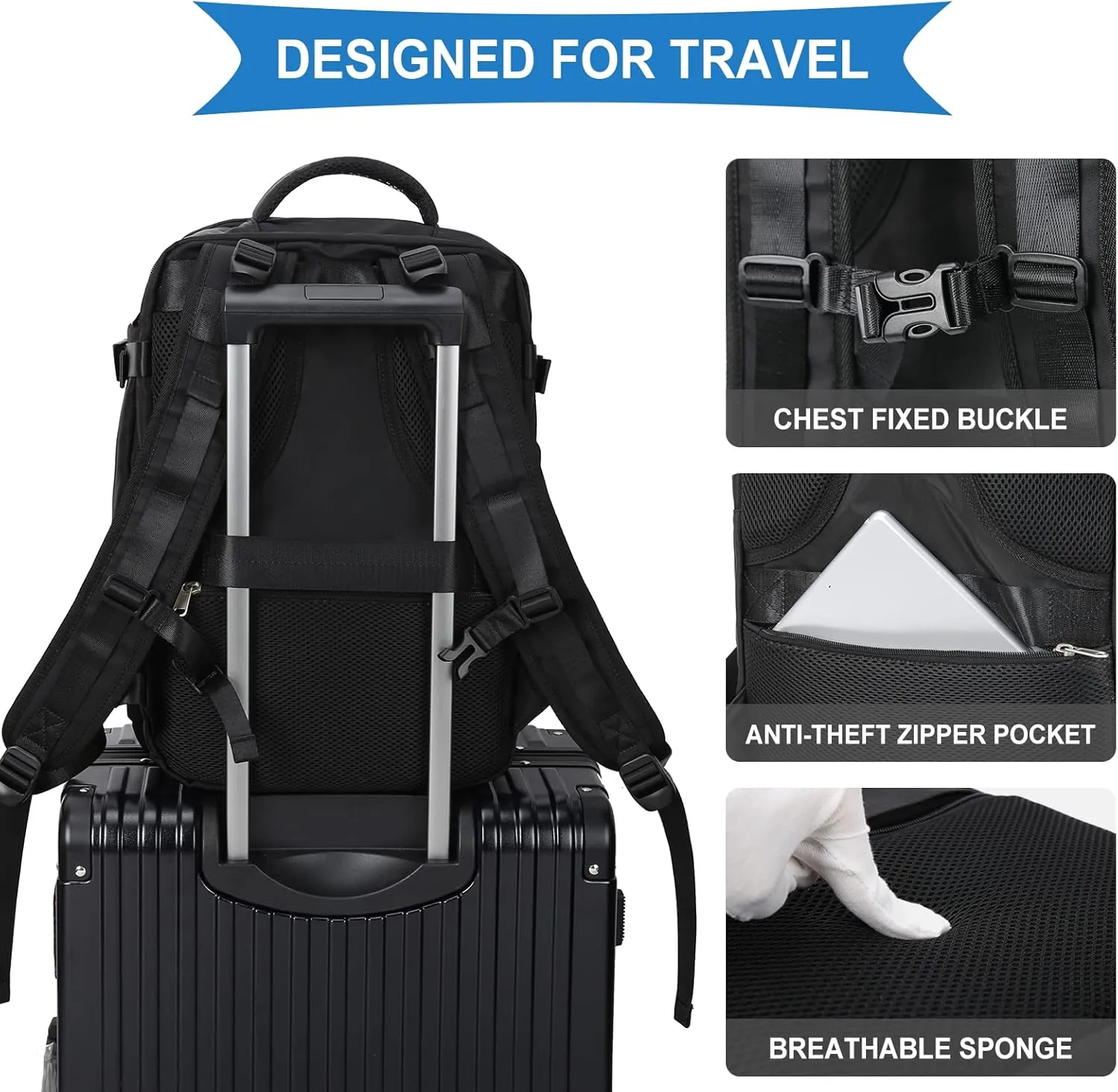 coowoz Large Travel Backpack For Women Men,Carry On Backpack,Hiking Backpack Waterproof Outdoor Sports Rucksack Casual Daypack Travel Essentials（Black）