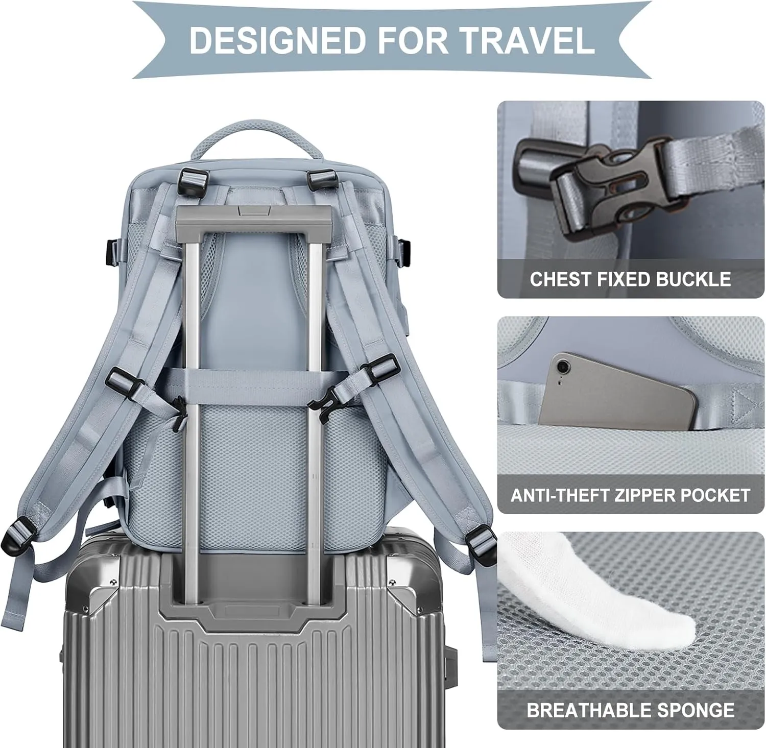 coowoz Large Travel Backpack For Women Men,Carry On Backpack,Hiking Backpack Waterproof Outdoor Sports Rucksack Casual Daypack travel essentials（Gray Blue）