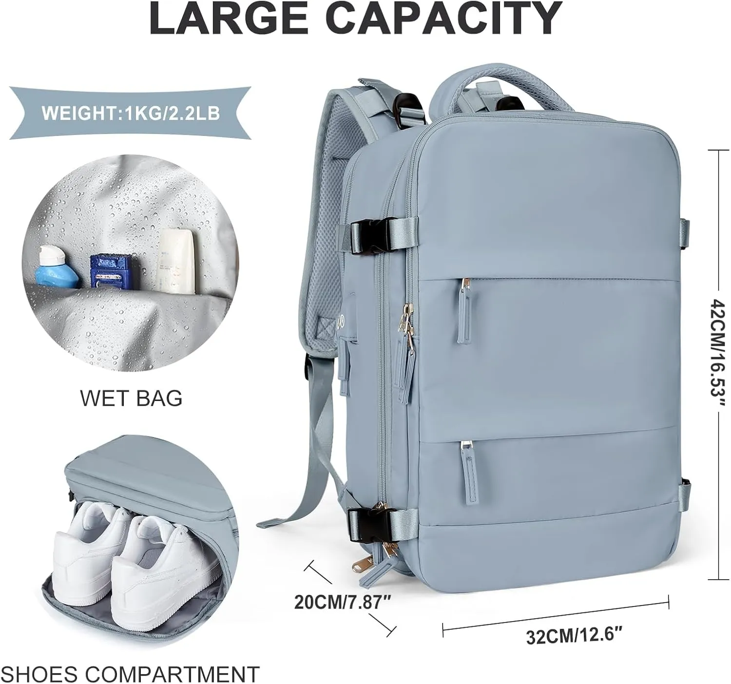 coowoz Large Travel Backpack For Women Men,Carry On Backpack,Hiking Backpack Waterproof Outdoor Sports Rucksack Casual Daypack travel essentials（Gray Blue）