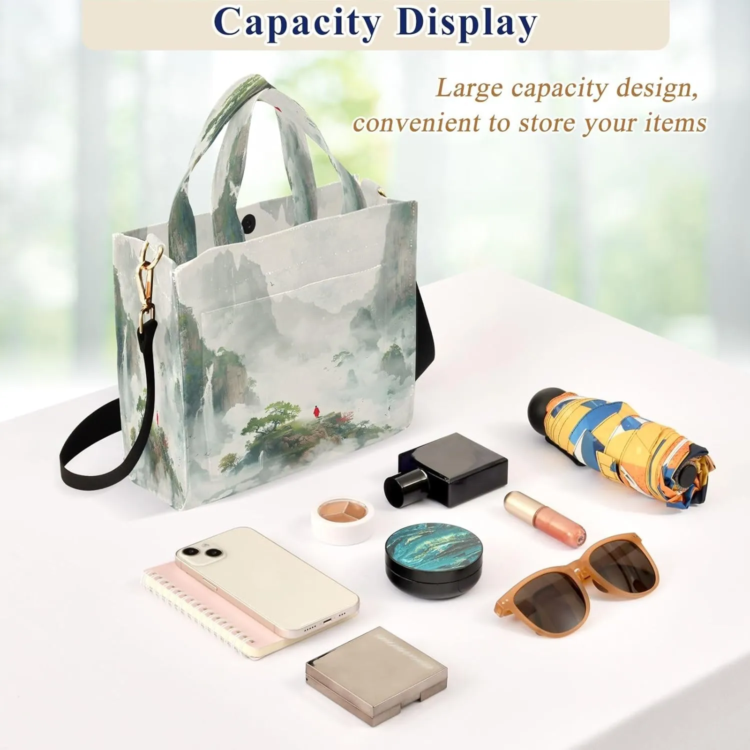 Corduroy Tote Bag Quiet Landscape Painting Women Crossbody Bag with Detachable and Adjustable Shoulder Strap