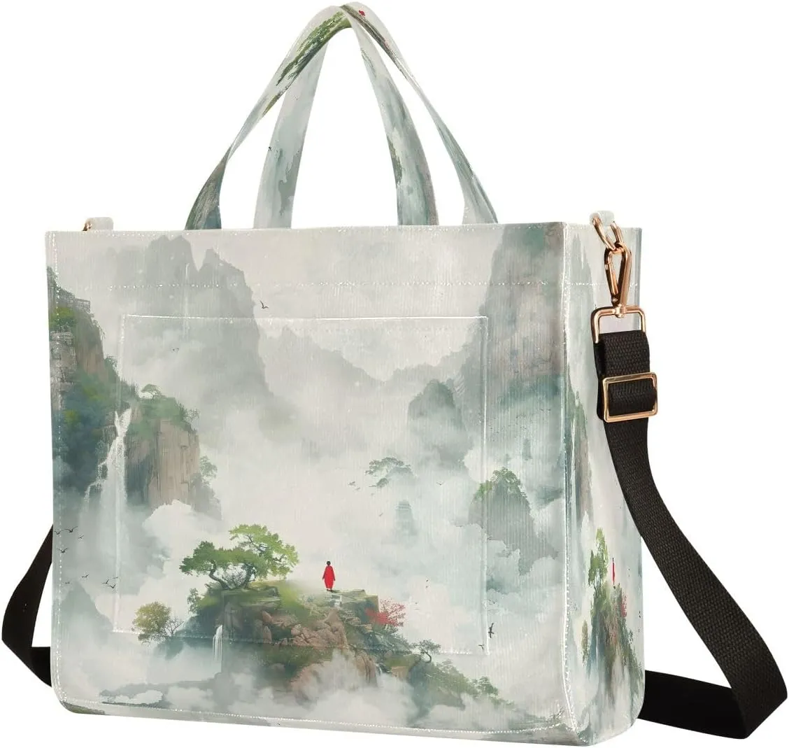 Corduroy Tote Bag Quiet Landscape Painting Women Crossbody Bag with Detachable and Adjustable Shoulder Strap
