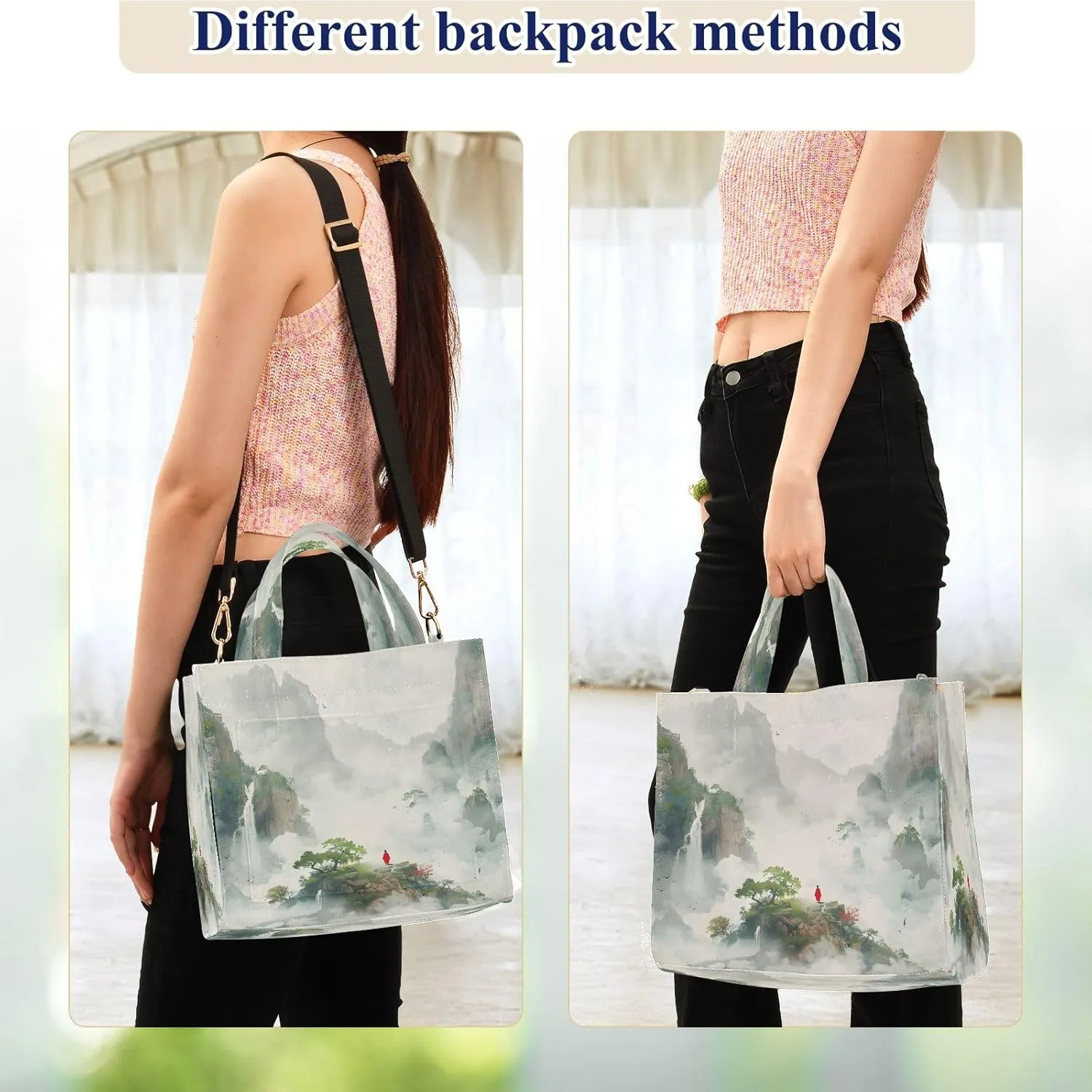 Corduroy Tote Bag Quiet Landscape Painting Women Crossbody Bag with Detachable and Adjustable Shoulder Strap