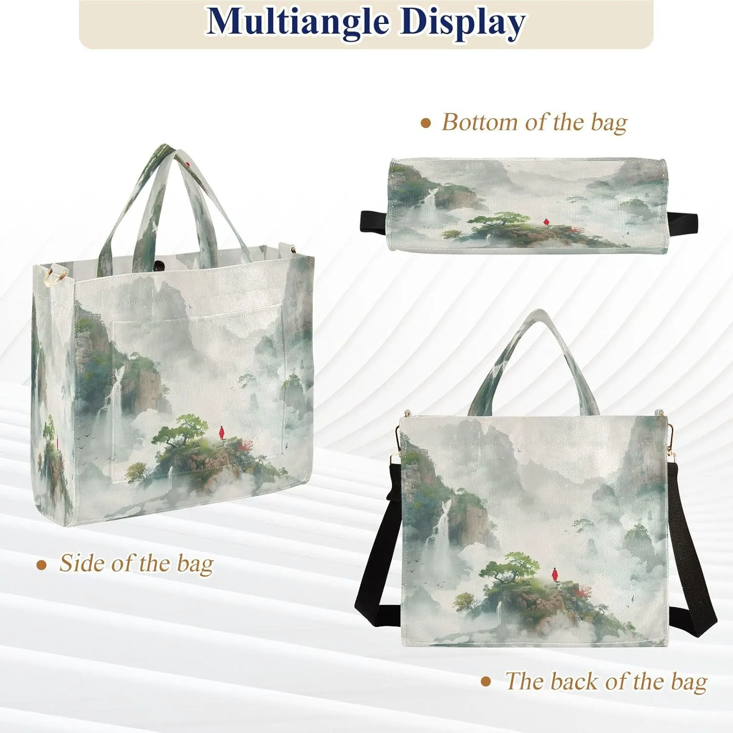 Corduroy Tote Bag Quiet Landscape Painting Women Crossbody Bag with Detachable and Adjustable Shoulder Strap