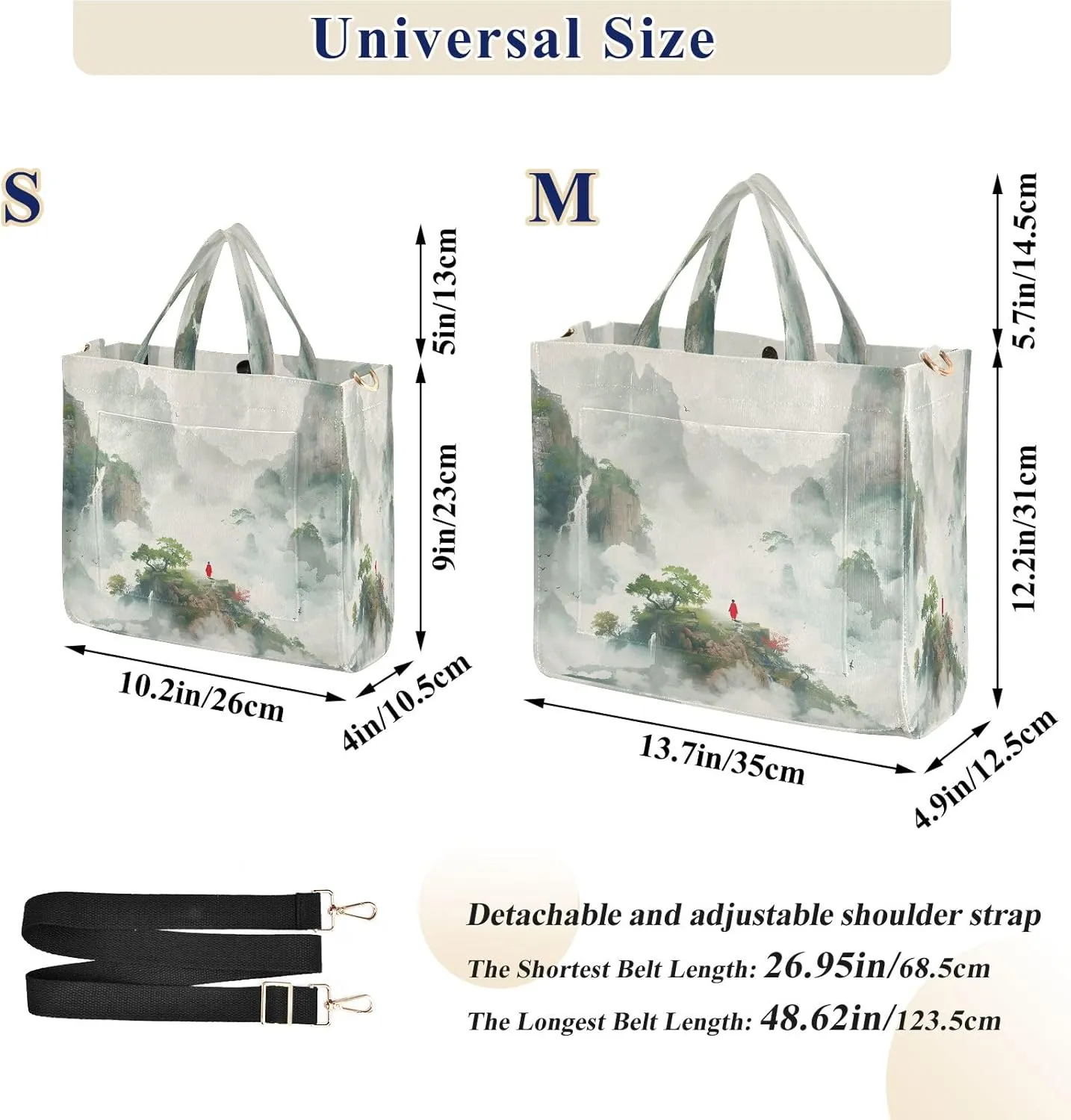 Corduroy Tote Bag Quiet Landscape Painting Women Crossbody Bag with Detachable and Adjustable Shoulder Strap