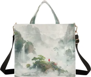 Corduroy Tote Bag Quiet Landscape Painting Women Crossbody Bag with Detachable and Adjustable Shoulder Strap