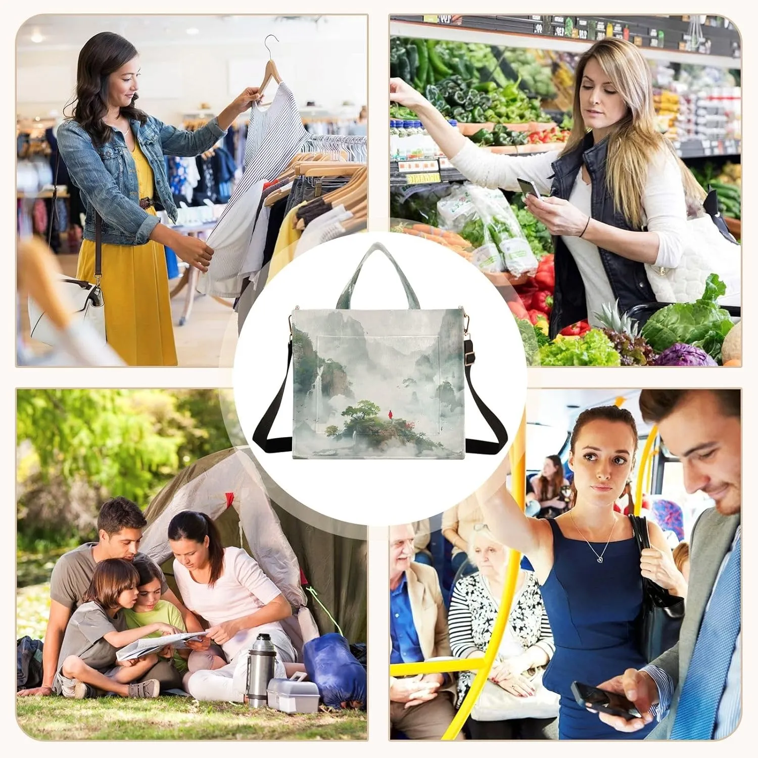 Corduroy Tote Bag Quiet Landscape Painting Women Crossbody Bag with Detachable and Adjustable Shoulder Strap
