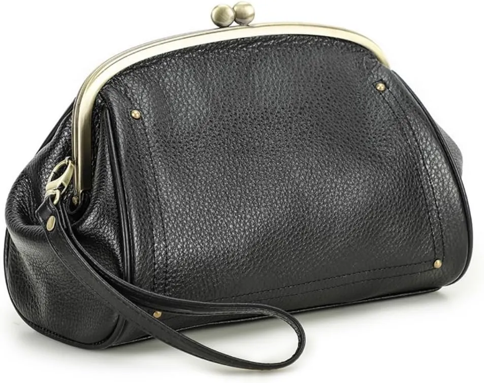 Cosmetic Bag for Woman, Kiss Lock Clutch Bag Genuine Leather Evening Bag Kiss Clasp Wrist Wallet Vitange Handbag (BLACK)